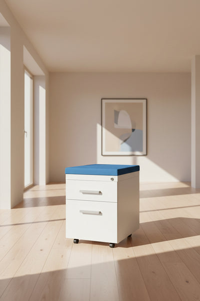 2-Drawer Mobile Pedestal with Cushion, Blue & White