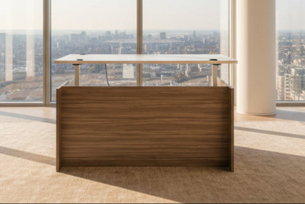 Modern office space with large windows offering a cityscape view.