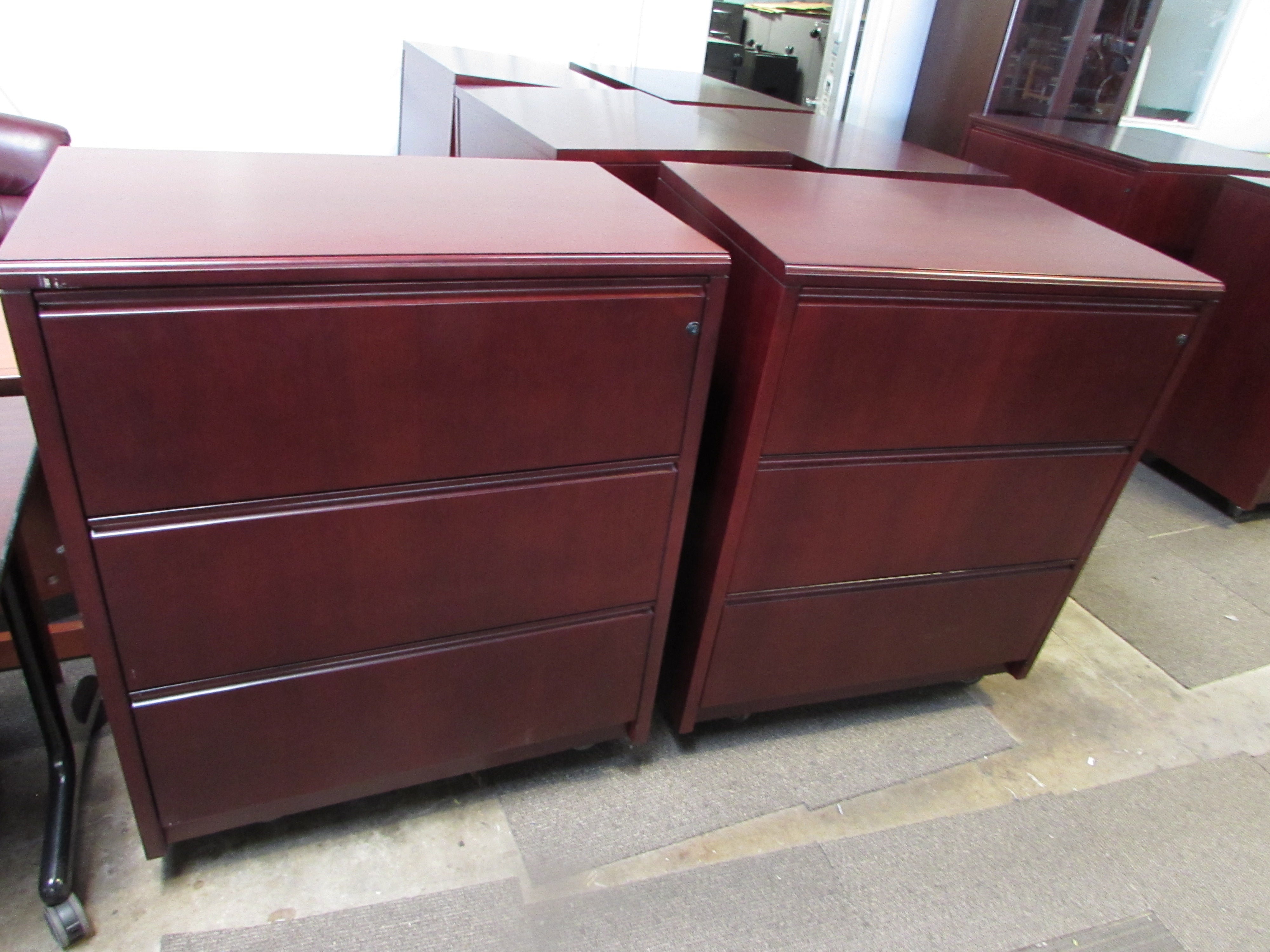 Mahogany Wood 3 Drawer Locking Lateral File Cabinets Recycled Office Furnishings